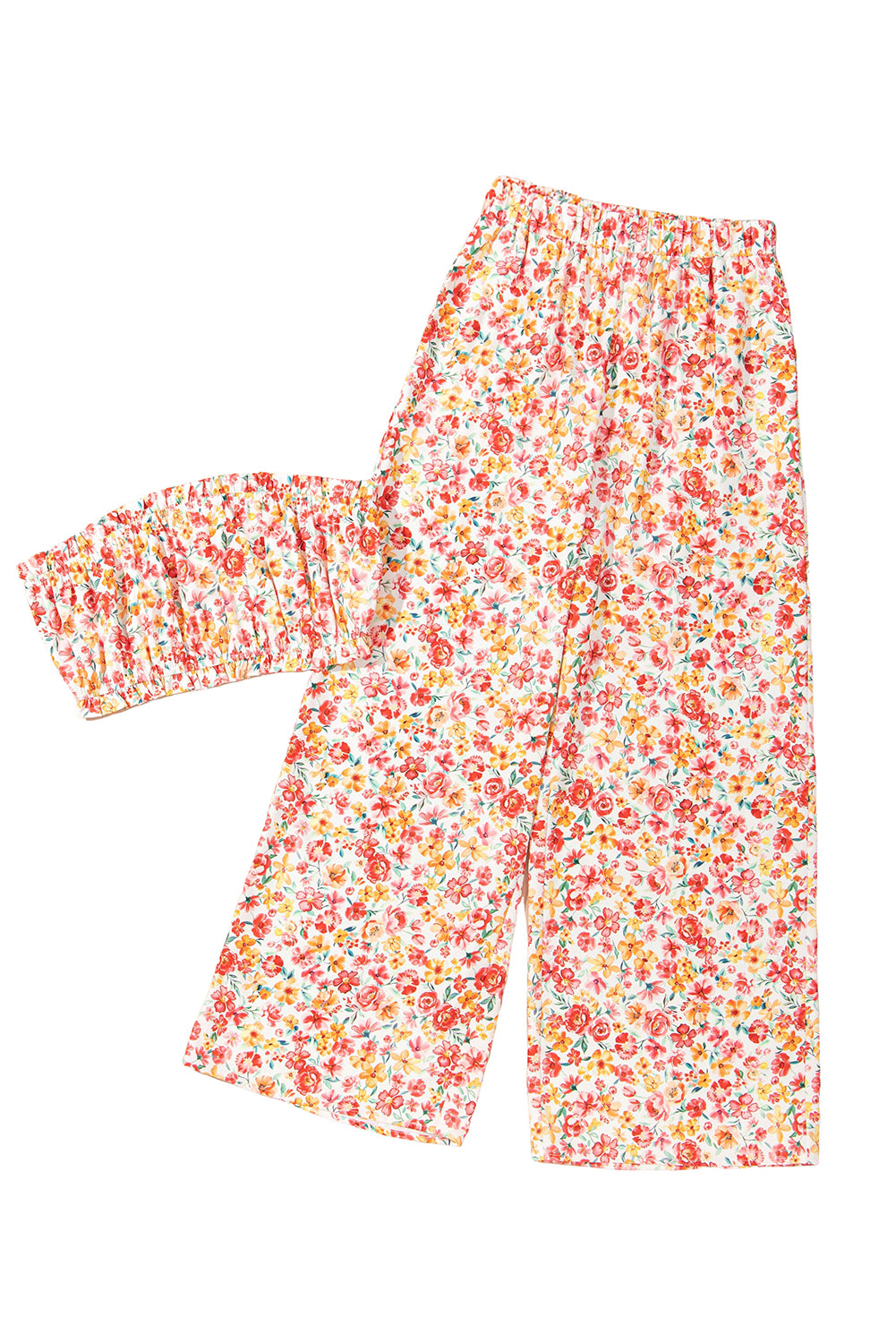 Pink Boho Floral Bandeau Top and High Waist Wide Leg Pants Set