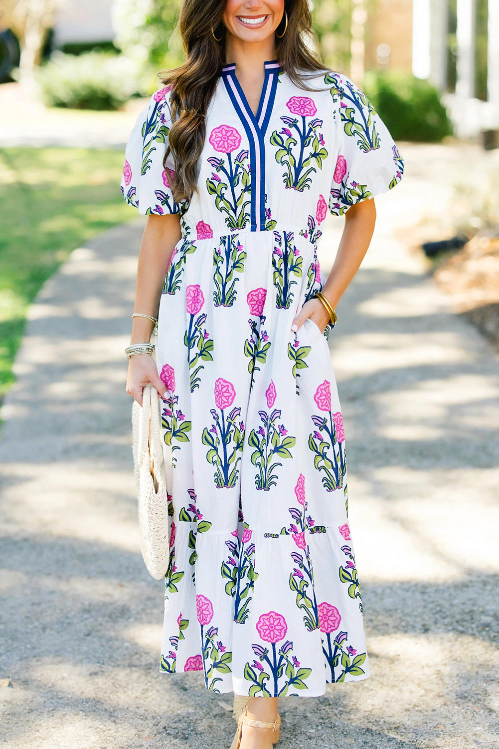 maxi dress preppy White Floral Puff Short Sleeve V Neck High Waist Maxi Dress Probably Preppy maxi dress preppy White Floral Puff Short Sleeve V Neck High Waist Maxi Dress Probably Preppy