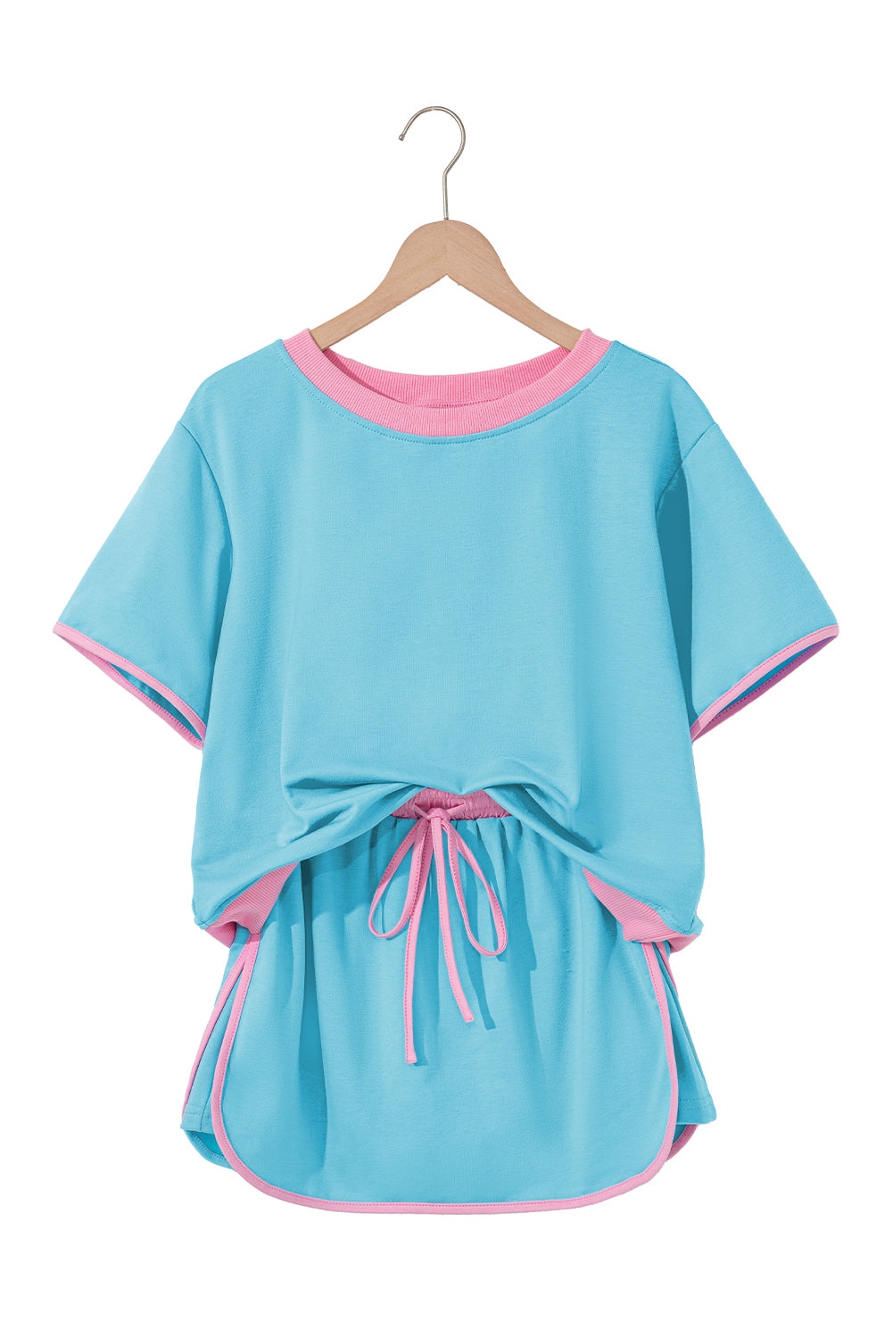 Turquoise Colorblock Edge Drop Shoulder T Shirt and Skirt 2Pcs Set