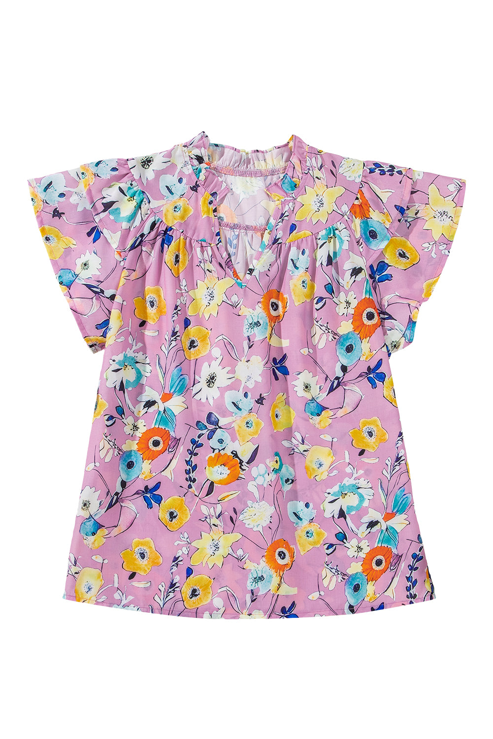 Pink Flutter Sleeve V Neck Floral Top