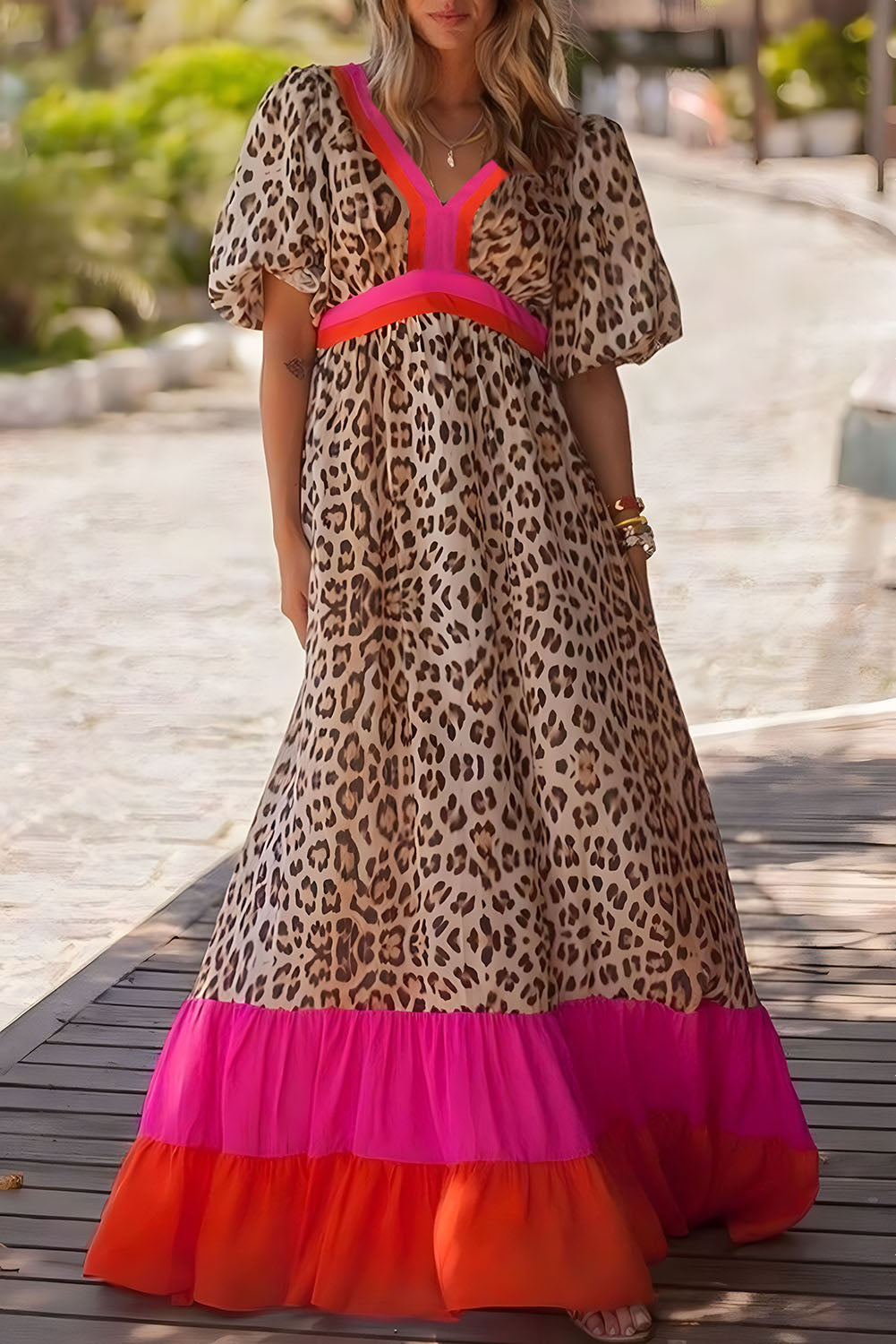 bright pink leopard print dress Bright Pink Leopard Print Flounce Sleeve Mini Dress