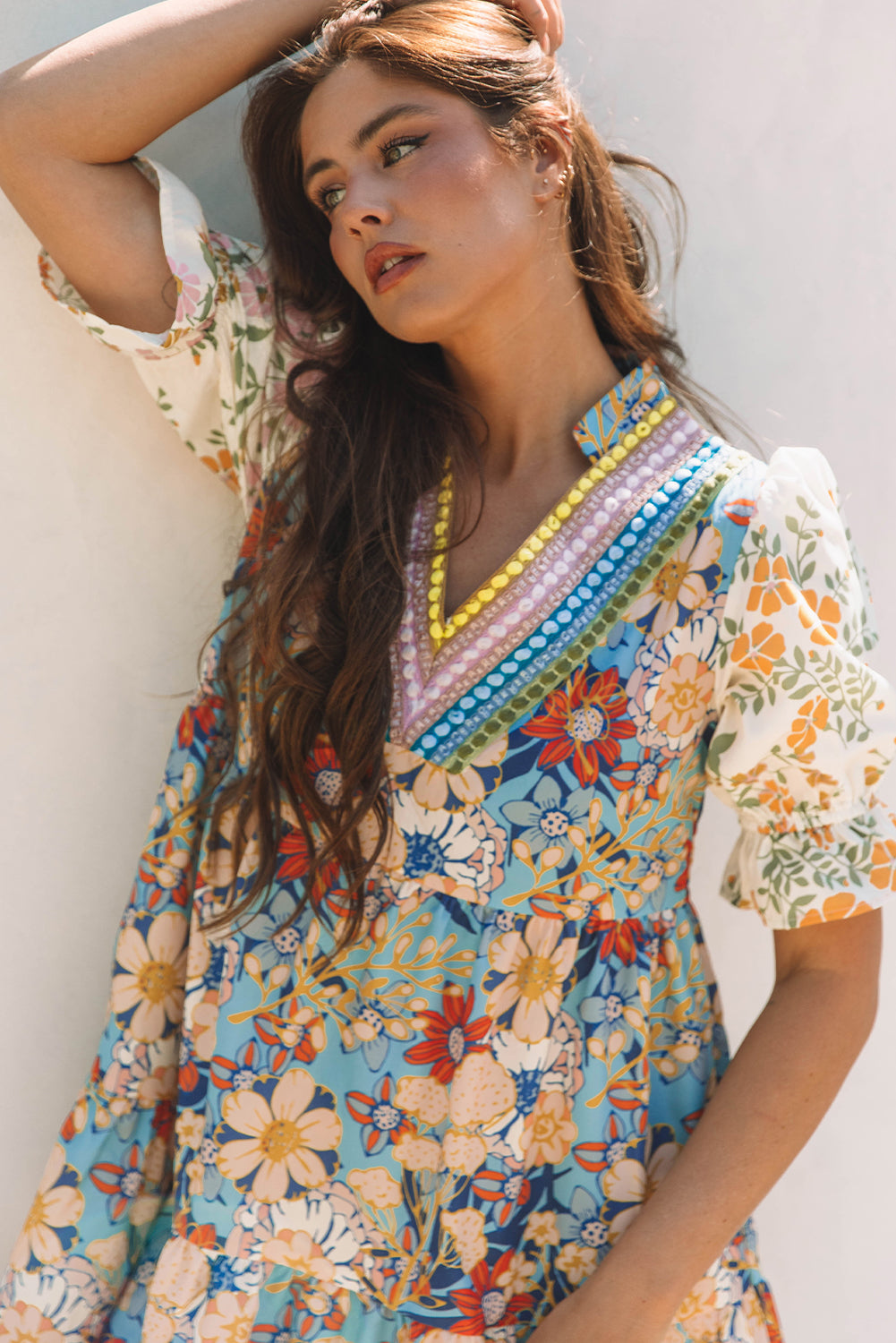 Multicolour Boho Floral Print Crochet Patchwork V Neck Loose Mini Dress