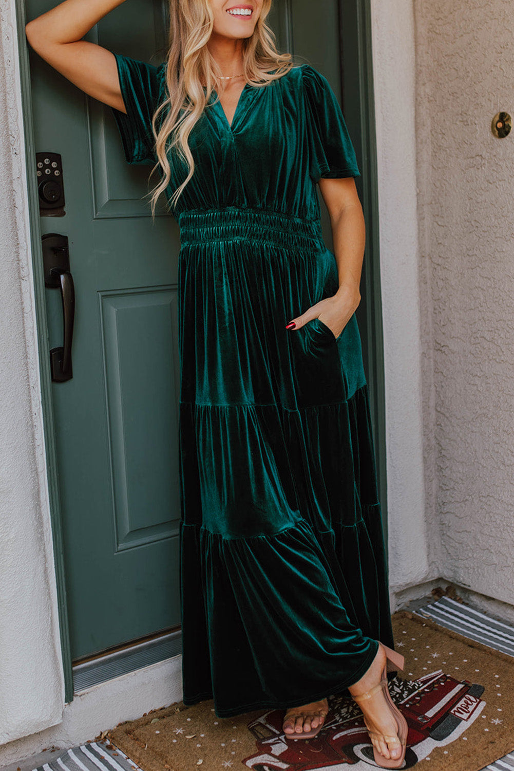 Evergreen Velvet Short Sleeve Shirred Waist Tiered Maxi Dress Probably Preppy Evergreen Velvet Short Sleeve Shirred Waist Tiered Maxi Dress Probably Preppy