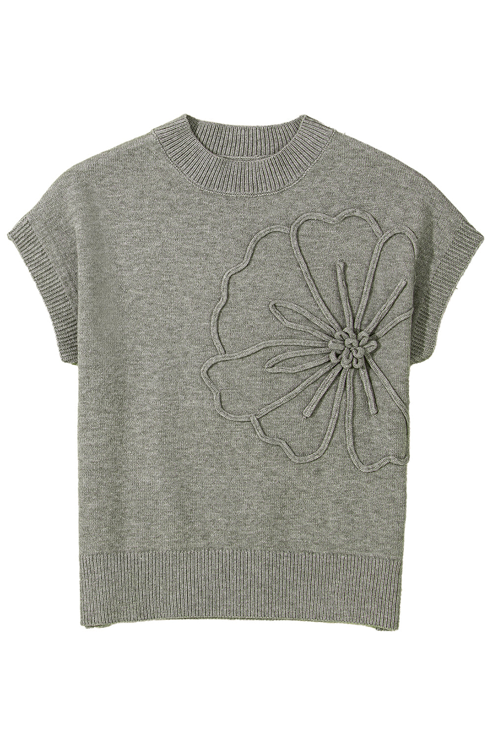 High Flower Pattern Ribbed Trim Short Sleeve Boxy Sweater