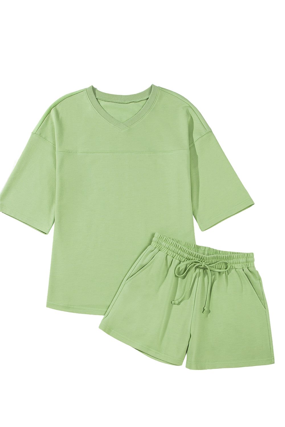 Meadow Mist Green Solid Loose V Neck Half Sleeve Tee and Shorts