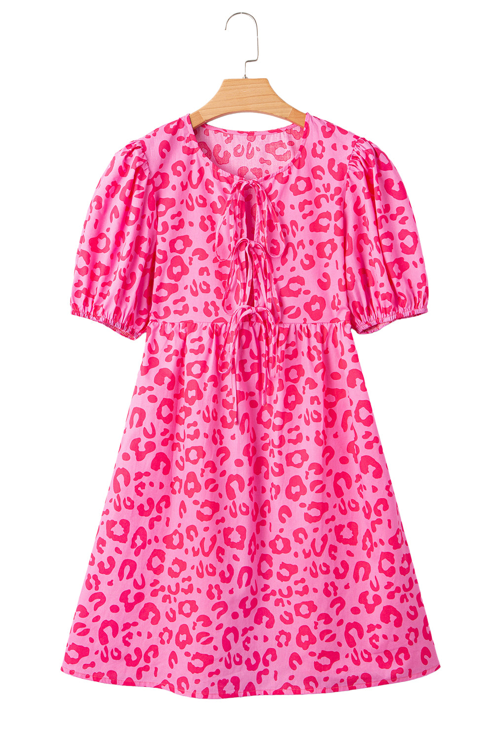 Women's casual Pink Leopard Print Baby Doll dress - Puff Sleeves, tie front Mini dress for women spring/ summer front view and white background.