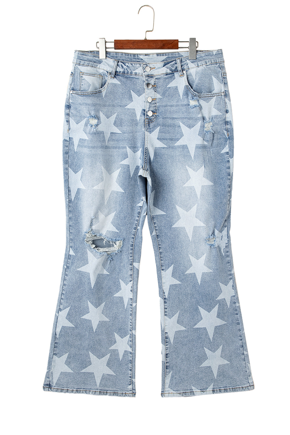 Sky Blue Star Printed Multi Buttons Slit Knee Destroyed Plus Size Jeans