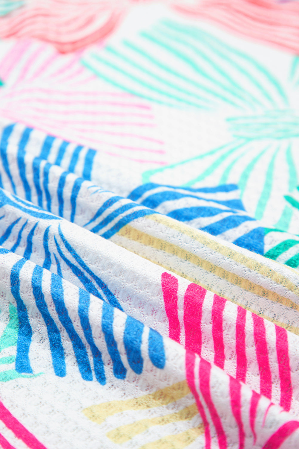 Multicolour Bowknot Printed Waffle Crewneck Loose Short Sleeve Top