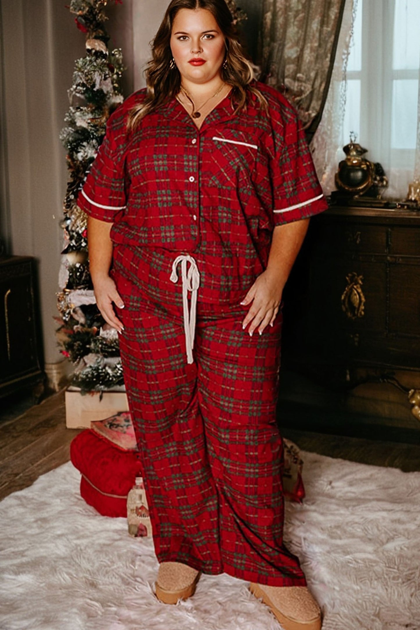Red Plus Size Plaid Short Sleeve Shirt Loose Pants 2pcs Pajama Set