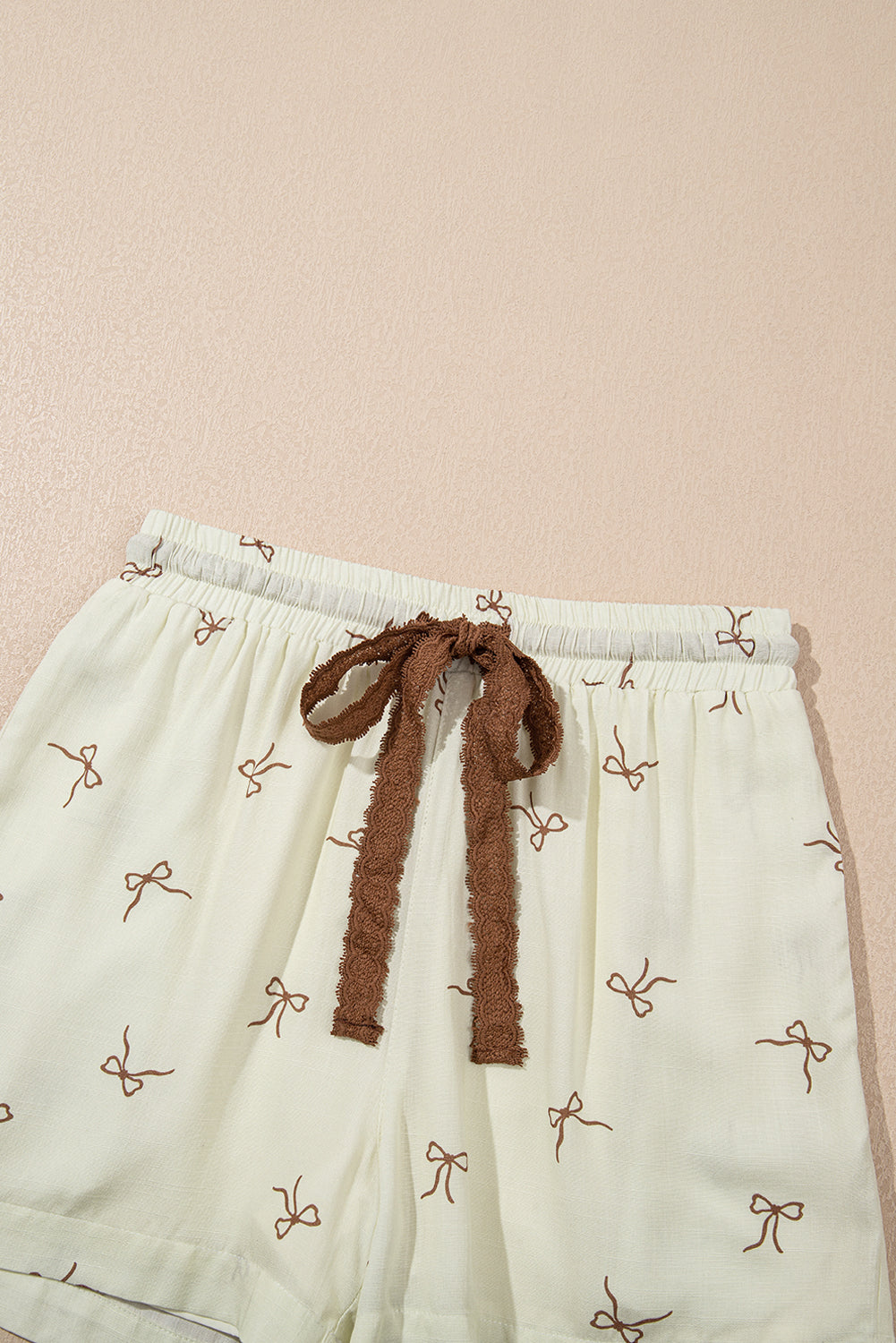 White Bow Print Lace Drawstring Casual Shorts