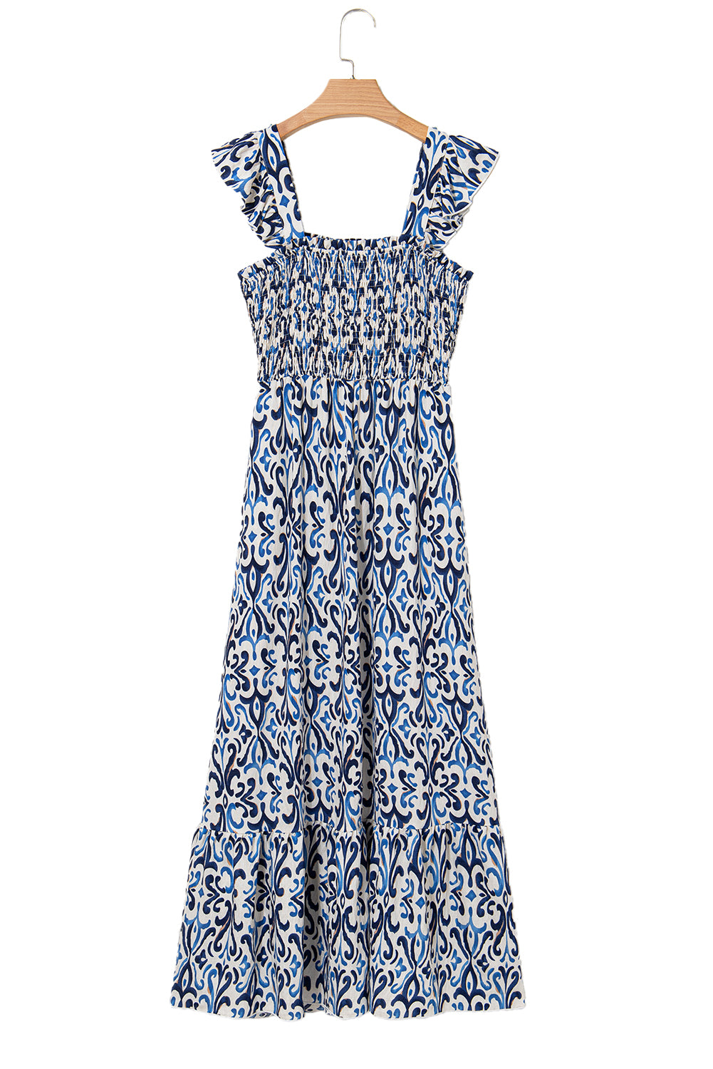 Sky Blue Boho Print Smocked High Waist Maxi Dress