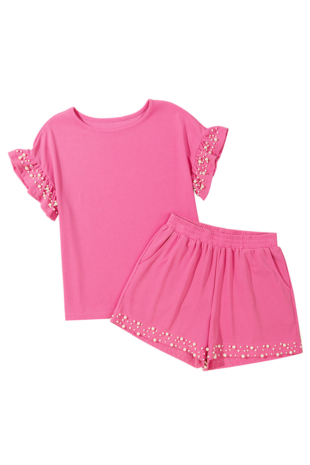Bright Pink Textured Pearled Ruffle Sleeve Top 2 Piece Shorts Set