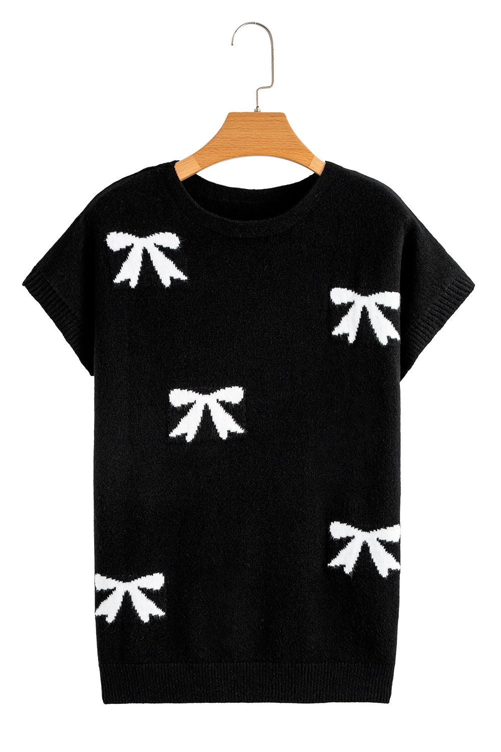 Black Bow Pattern Knit Short Sleeve Sweater
