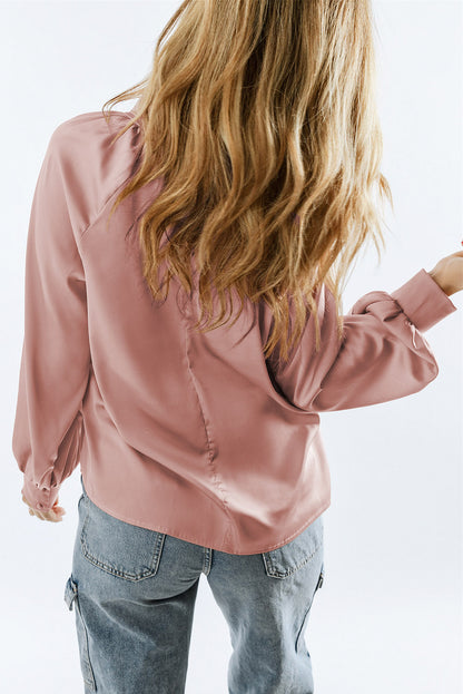 Pink Twist High Neck Puff Sleeve Satin Blouse