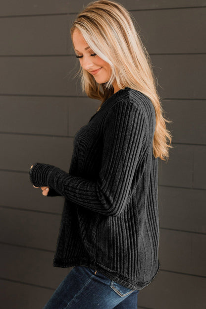 Black V Neck Buttoned Ribbed Knit Top