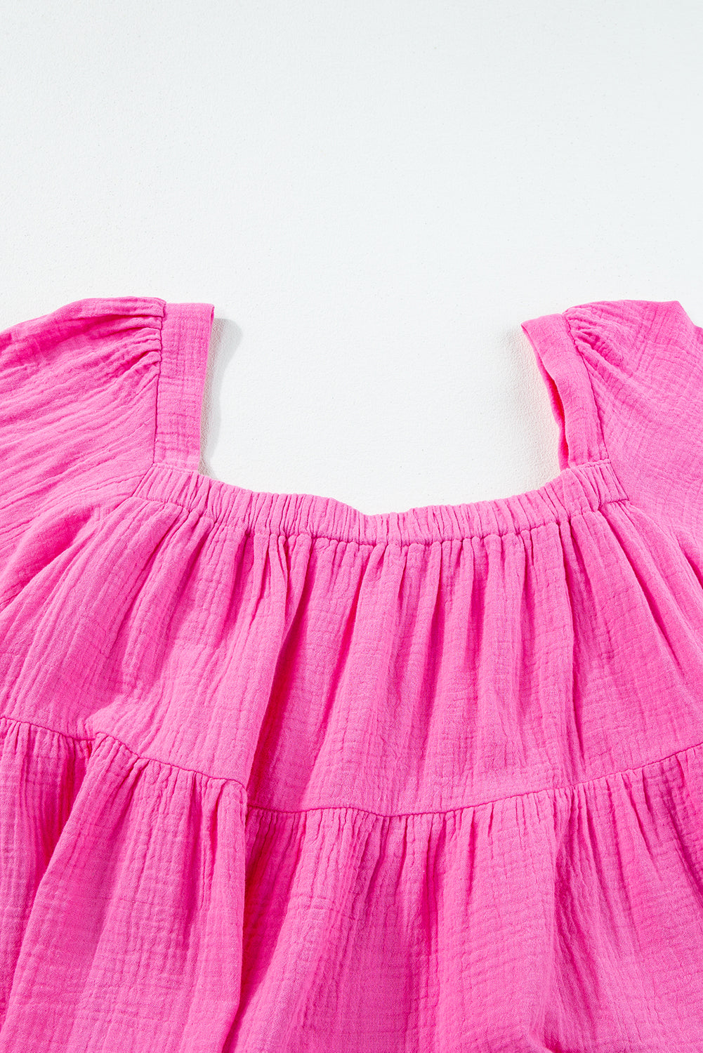 Bright Pink Textured Square Neck Flutter Sleeve Tiered Flowy Blouse