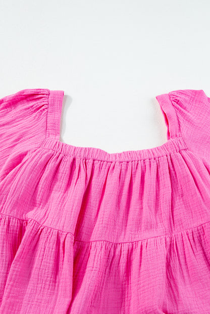 Bright Pink Textured Square Neck Flutter Sleeve Tiered Flowy Blouse