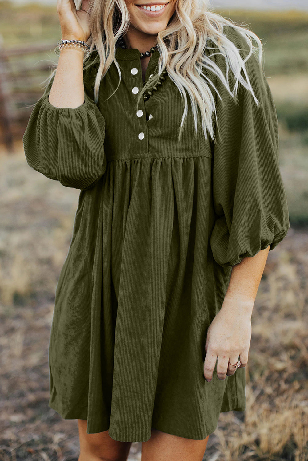 Vineyard Green Corduroy Snap Buttons Empire Waist Bracelet Sleeve Dress