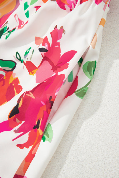 Pink Floral Print V Neck Ruffle Sleeve Plus Size Midi Dress