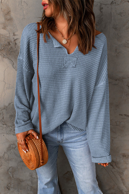 Dusk Blue Waffle Knit Loose Long Sleeve Top