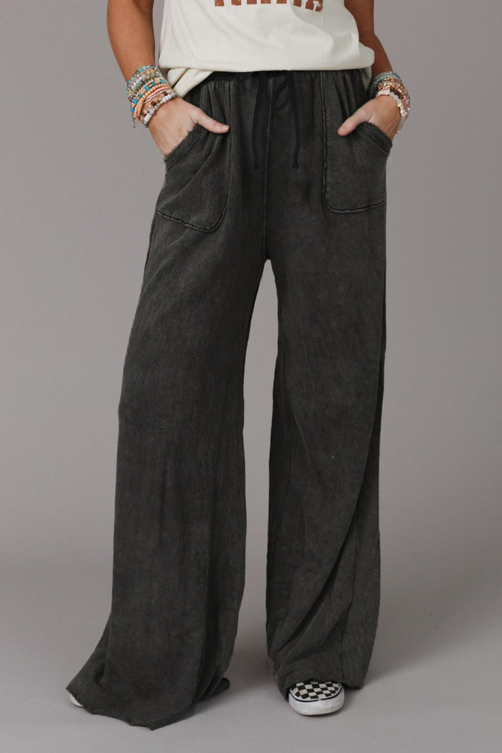 Gray Mineral Washed Drawstring Retro Wide Leg Pants