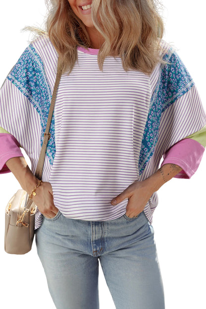 Purple Stripe Floral Color Block Raw Edge Patchwork Bracelet Sleeve Blouse