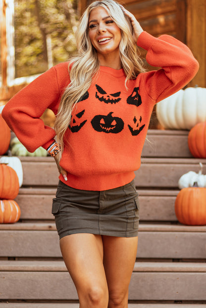 Orange Halloween Pumpkin Face Pattern Drop Shoulder Sweater