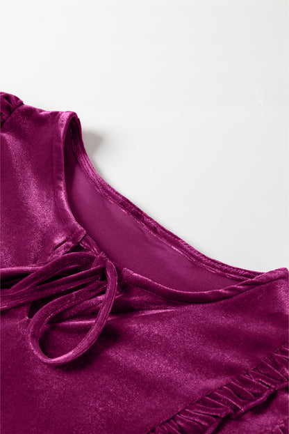 Violet Ruffled Drawstring Round Neck Velvet Blouse