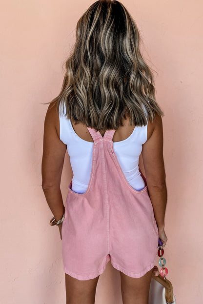 Pink Solid Color Knot Straps Denim Romper with Pockets