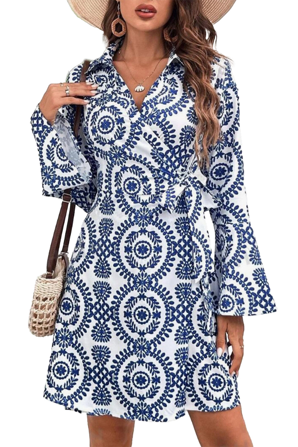 Blue Floral Print V Neck Wrapped Knot Long Sleeve Dress