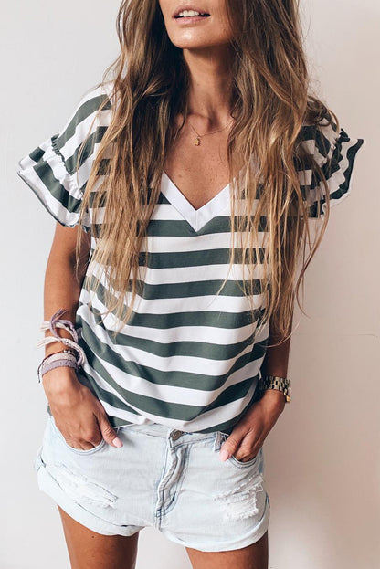 Sea Green Striped V Neck Ruffle Sleeve Top