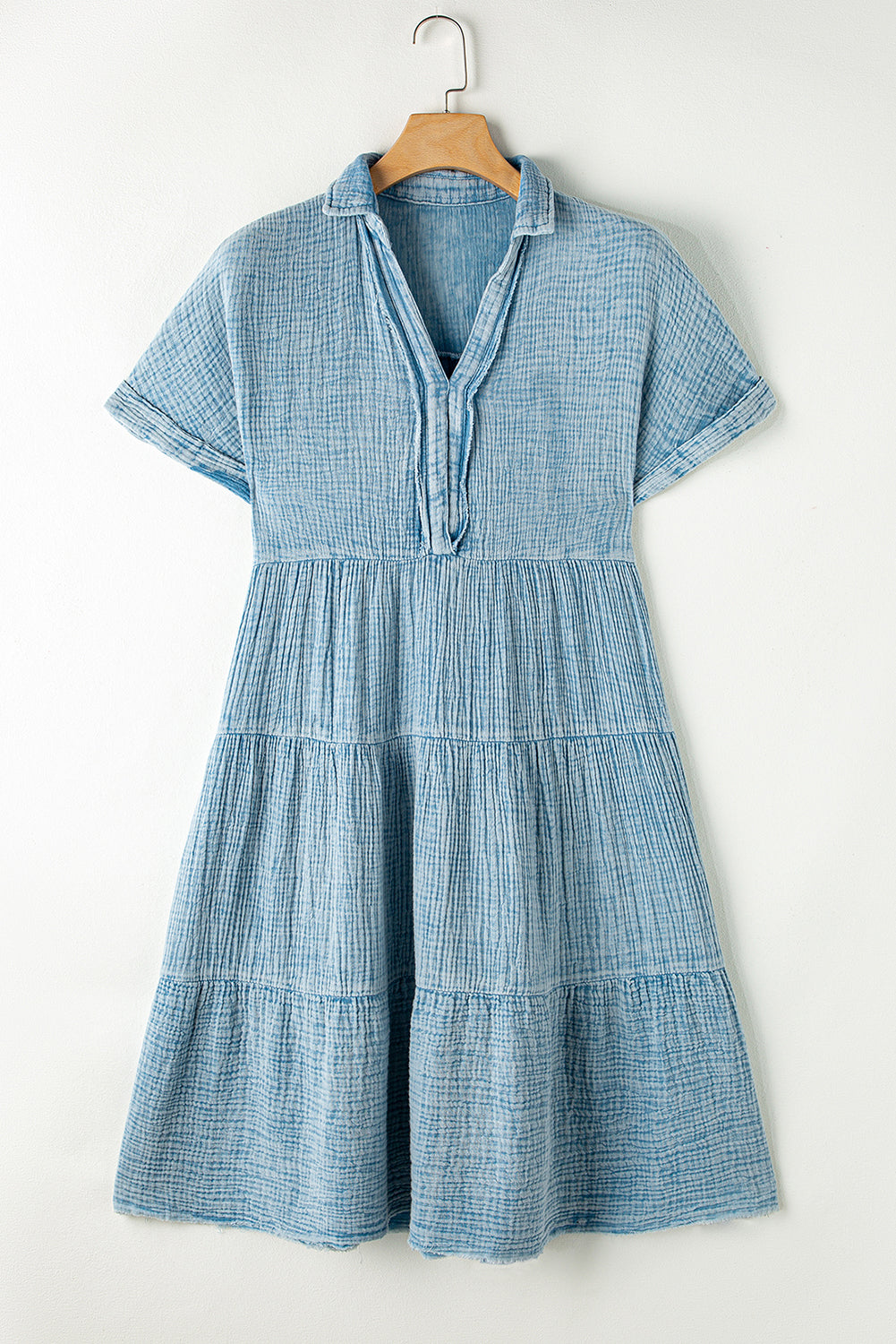 Beau Blue Mineral Wash Crinkle Split Neck Raw Hem Tiered Dress