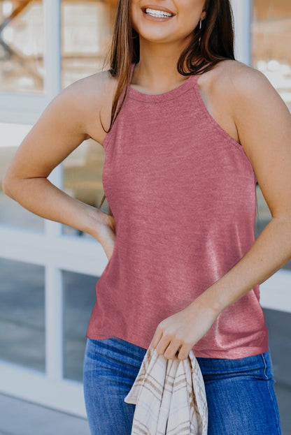 Pink Solid Color Crew Neck Tank Top