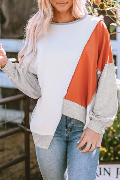 Khaki Colorblock Stitching Irregular Hem Long Sleeve Top