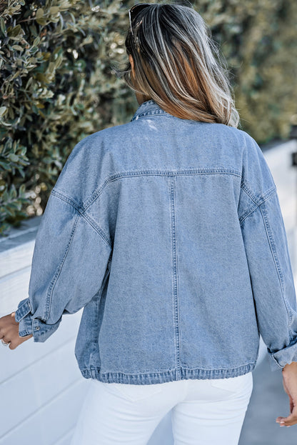 Sky Blue Roll-Up Tab Sleeve Button Down Pocket Denim Jacket