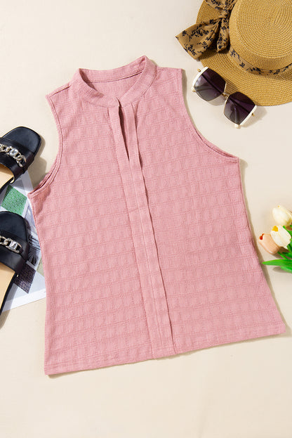 Pink Lattice Textured Split Neck Tank Top