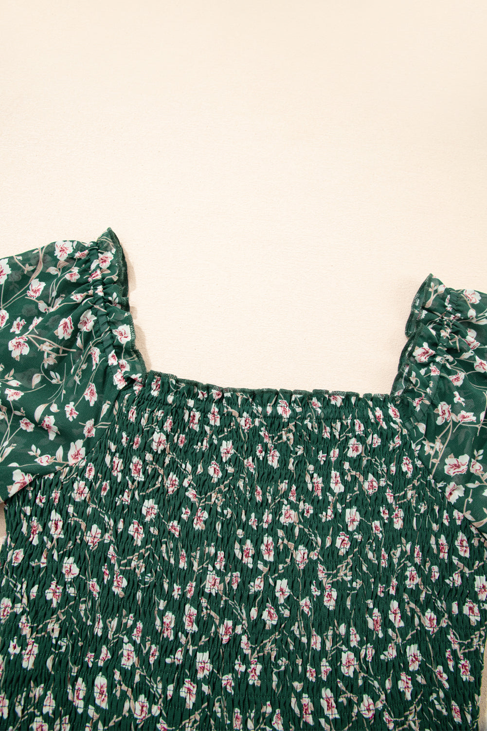Green Smocked Square Neck Puff Short Sleeve Floral Mini Dress