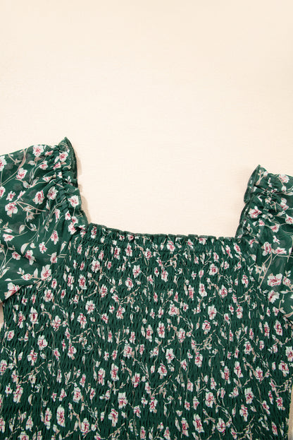 Green Smocked Square Neck Puff Short Sleeve Floral Mini Dress