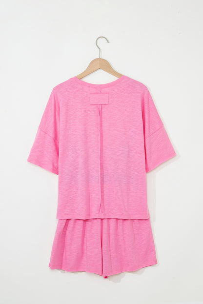 Sachet Pink Loose Fit Half Sleeve T Shirt and High Waist Skirt Set