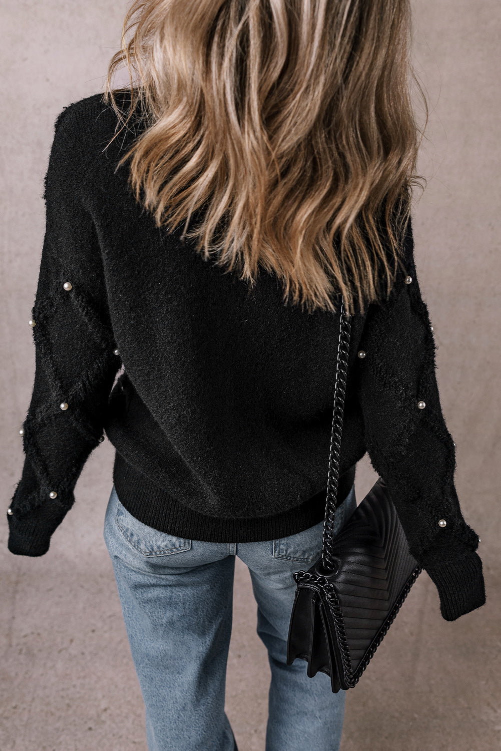 Black Pearl Embellished Rhombus Pattern Sweater