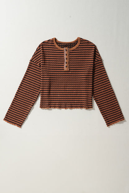 Brown Stripe Textured Frilly Trim Buttons Henley Long Sleeve Top