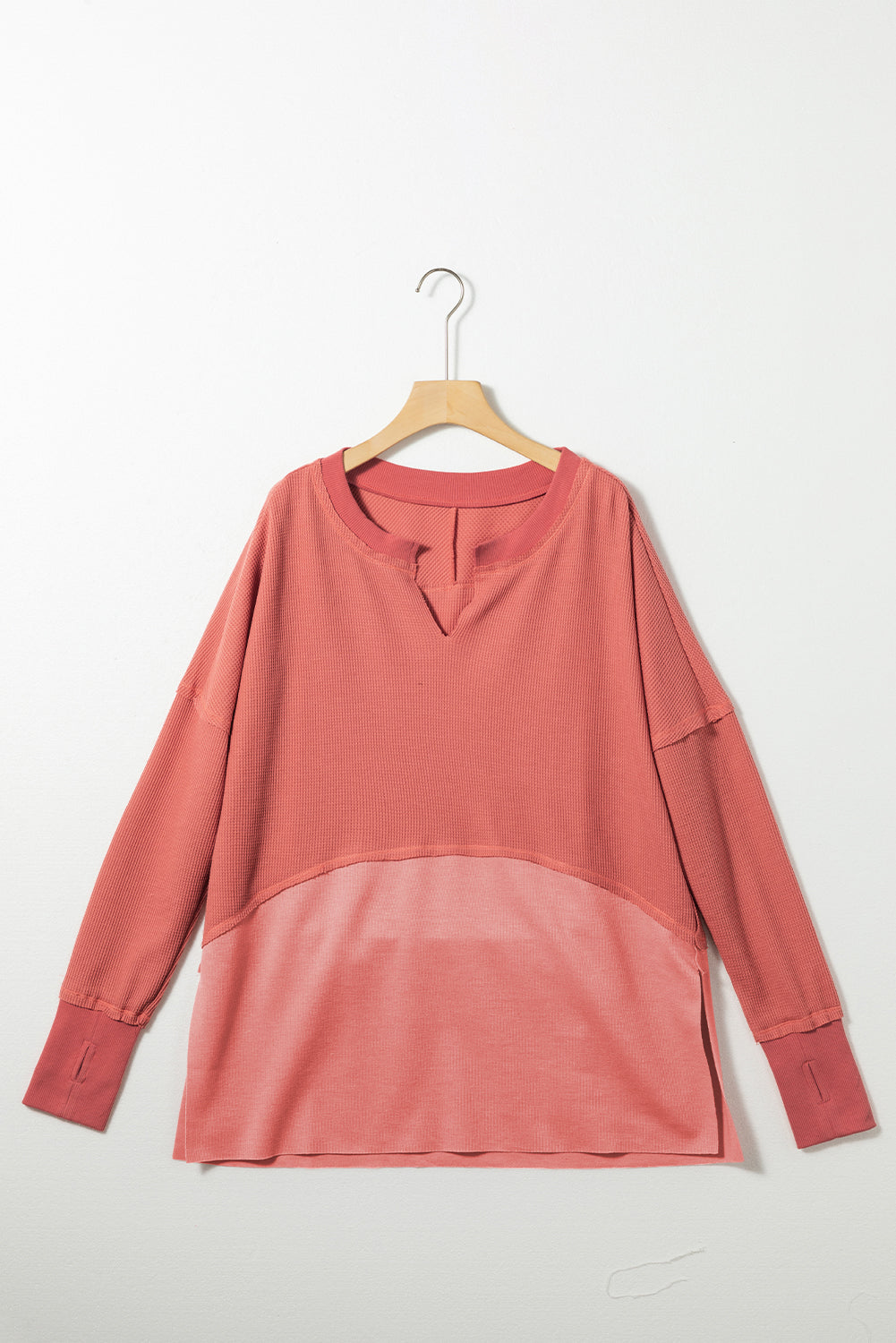 Mineral Red Exposed Seam Slit Neck Waffle Knit Patchwork Top