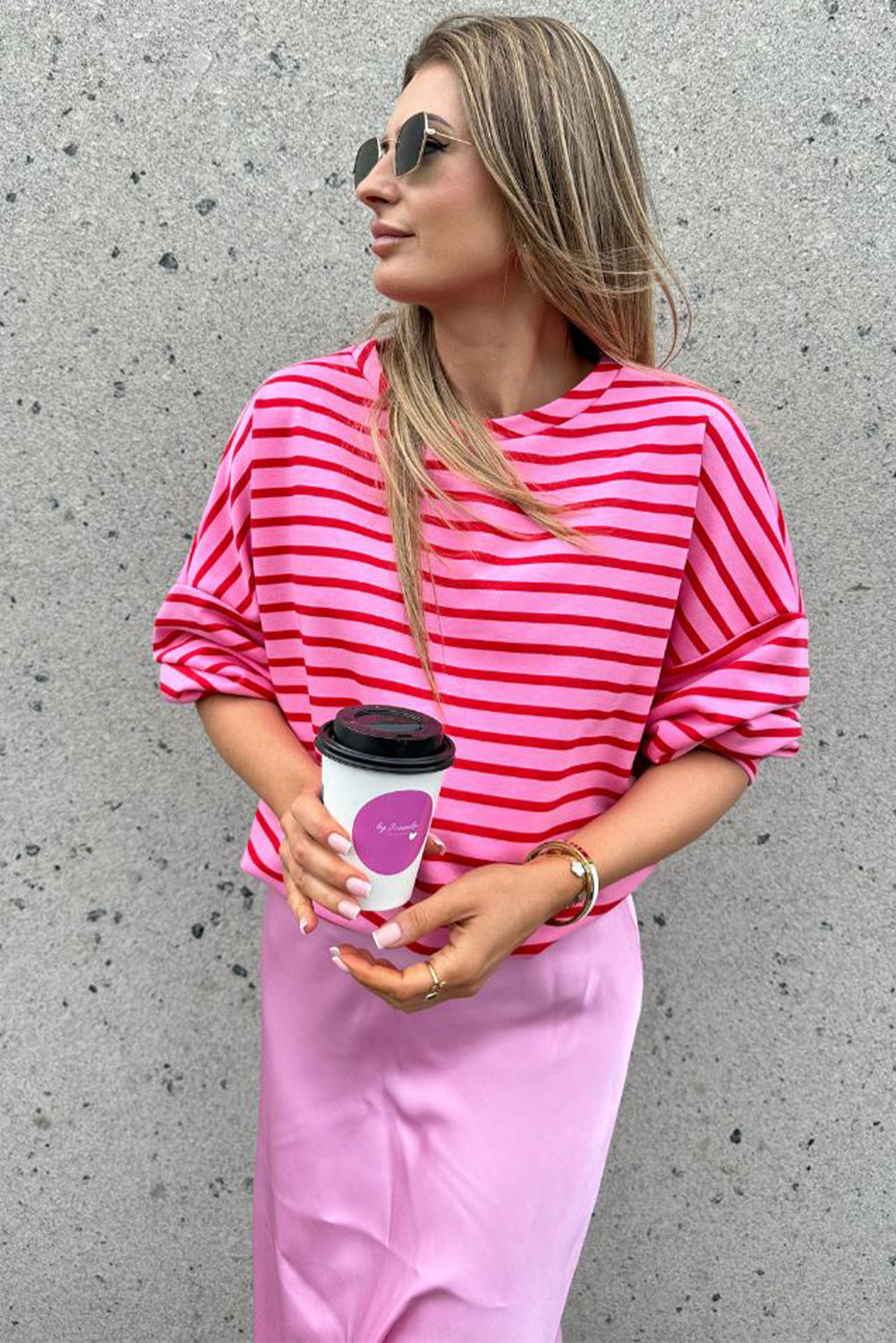 Sachet Pink Striped Print Crew Neck Drop Shoulder Sweatshirt