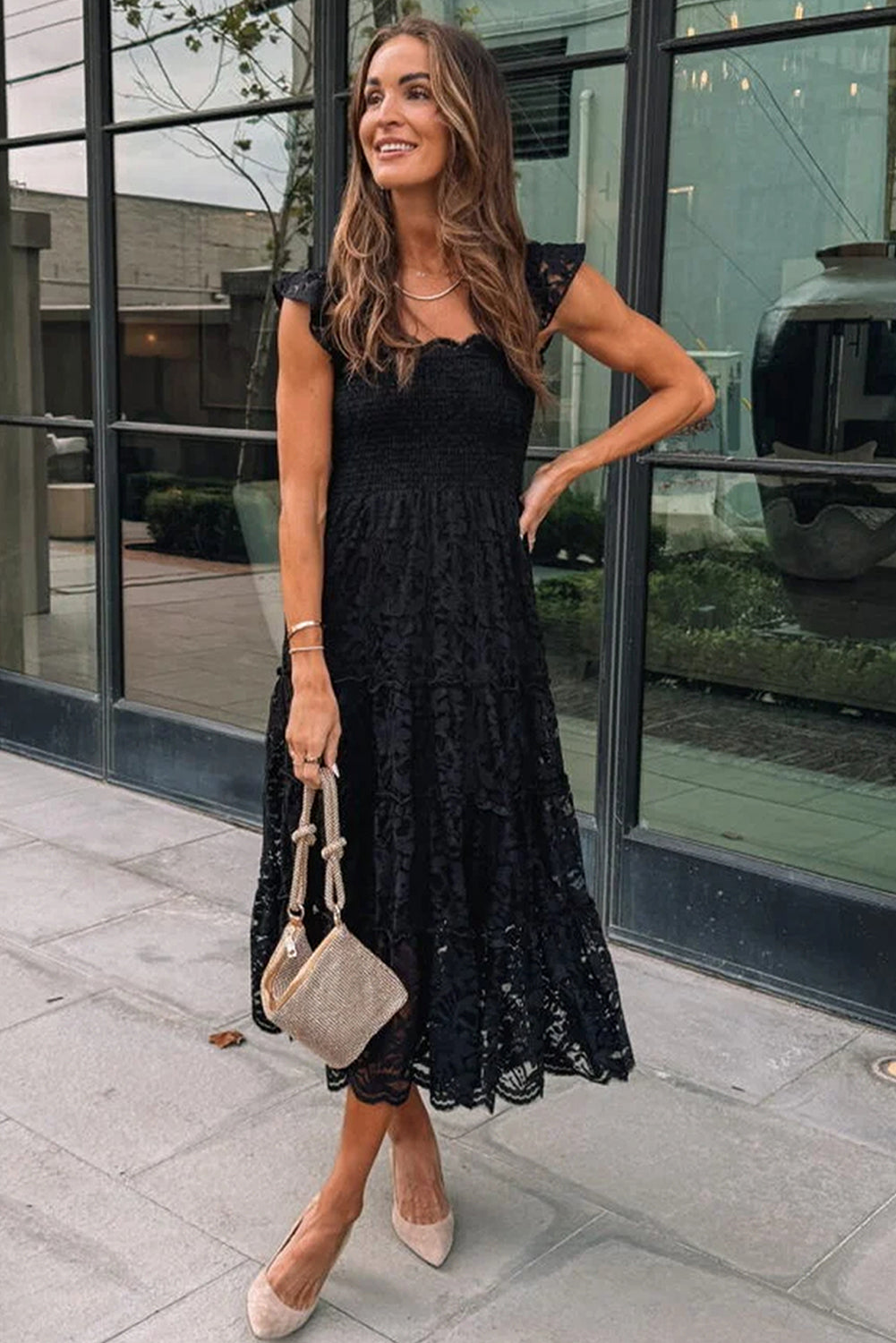 Black Lace Smocked Bodice Sleeveless Midi Dress