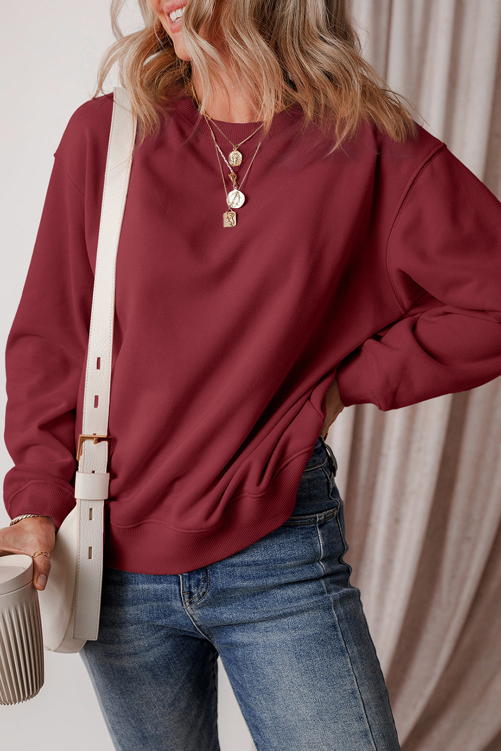 Burgundy Solid Fleece Lined Drop Shoulder Terry Sweatshirt