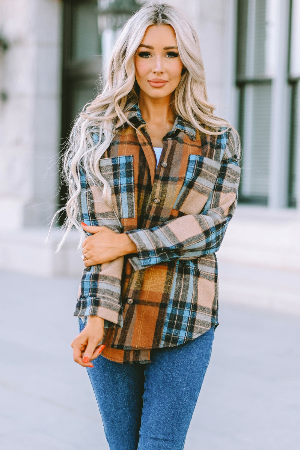 Brown Plaid Color Block Buttoned Shirt with Pockets