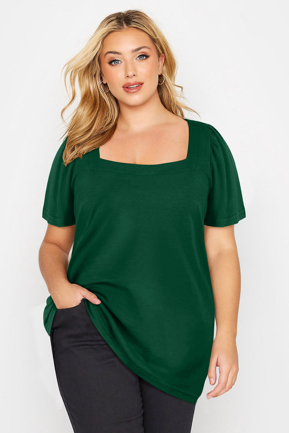 Green Plus Size Square Neck Ruched Shoulder Short Sleeve Top