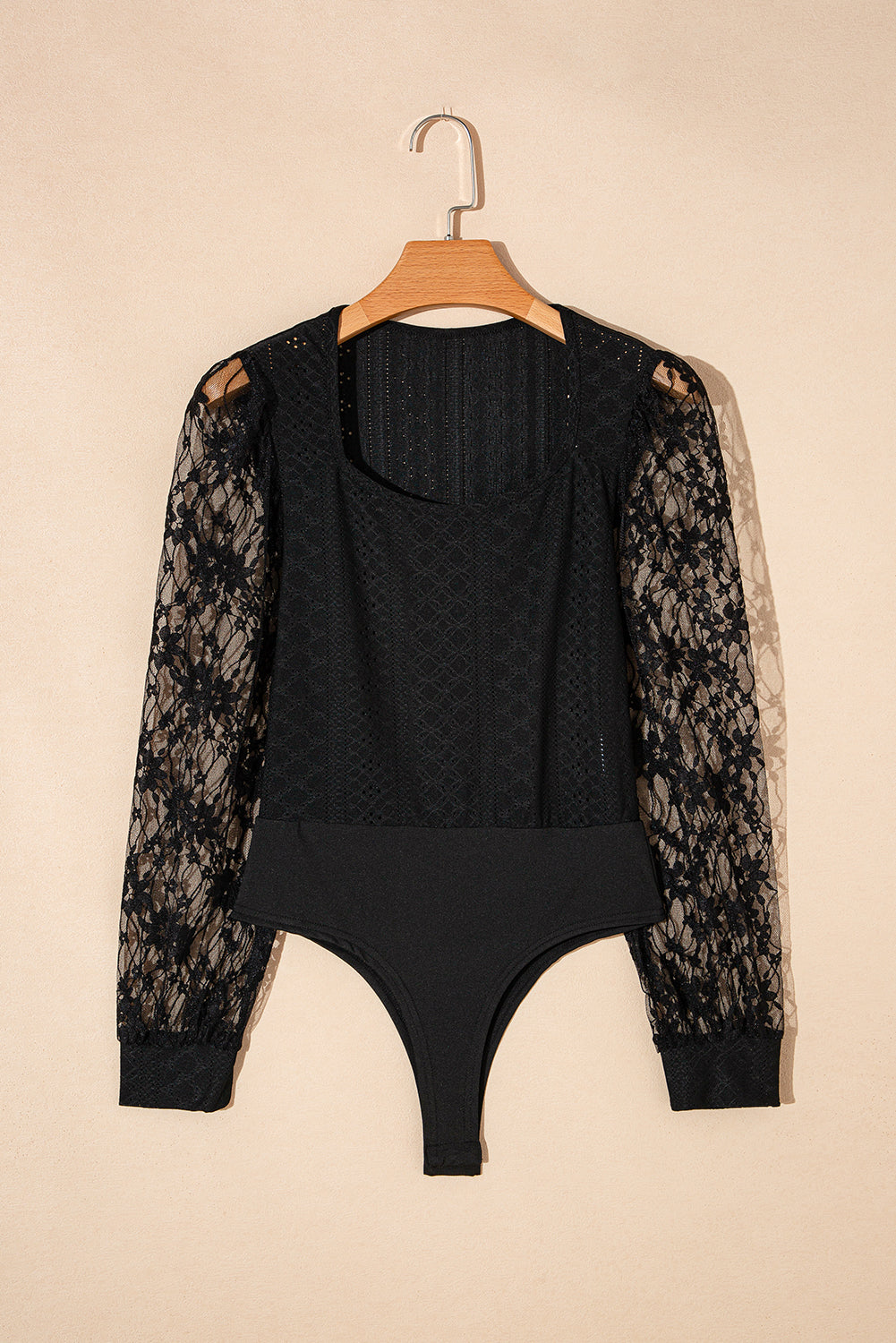 Black Frenchy Contrast Lace Bishop Sleeve Bodysuit