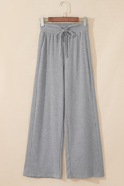 Gray Waffle Knit Drawstring High Waist Wide Leg Pants