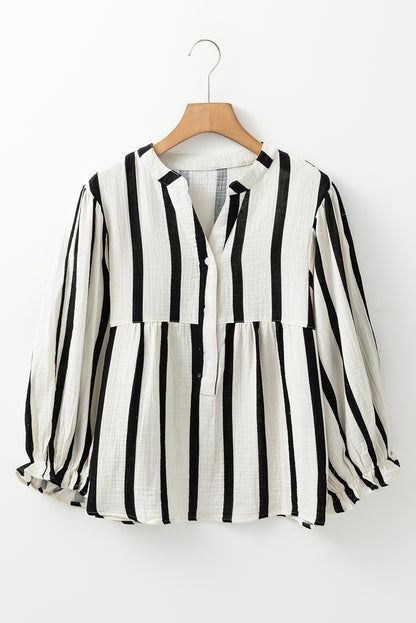 Black Stripe Crinckled Ruffled Sleeve Button up Loose Shirt